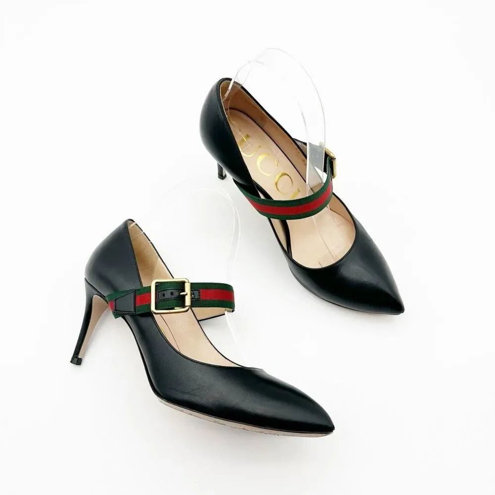 GUCCI Sylvie Black Leather Heels Size 37 US 7 Web Mary Jane Buckle Strap